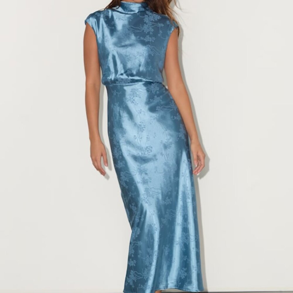 Lulus Gia Slate Blue Satin Jacquard Cutout Midi Dress - Size S